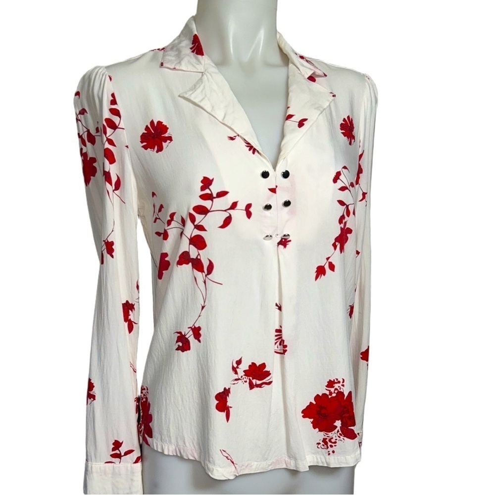 🍀 3 for $25 Nanette Lepore Red White Floral Top Long Sleeve V Neck Pleated Small